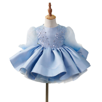 Girls Party Christmas Blue Puffy Princess Dress