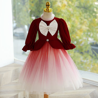 Girl Christmas Dress Toddler Ball Gowns Toddler Red Gradient Long Sleeve Big Bow Princess Dress