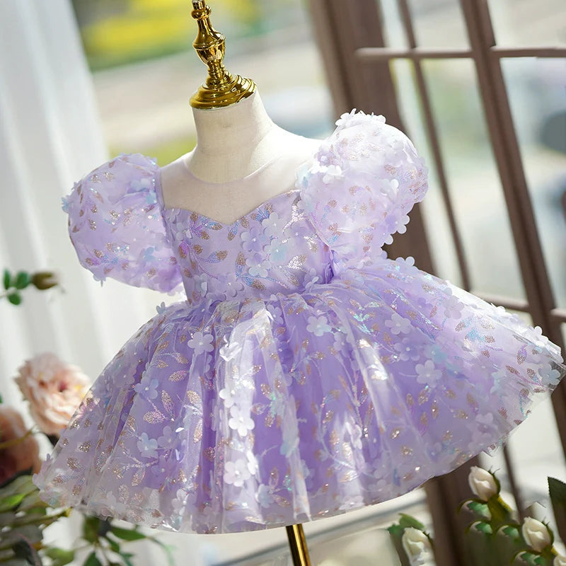 Elegant Baby Purple Sequin DressToddler Birthday Costume Mesh Princess Dress