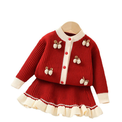 Girls Sweater Set Solid Color Knitted Two Piece Set