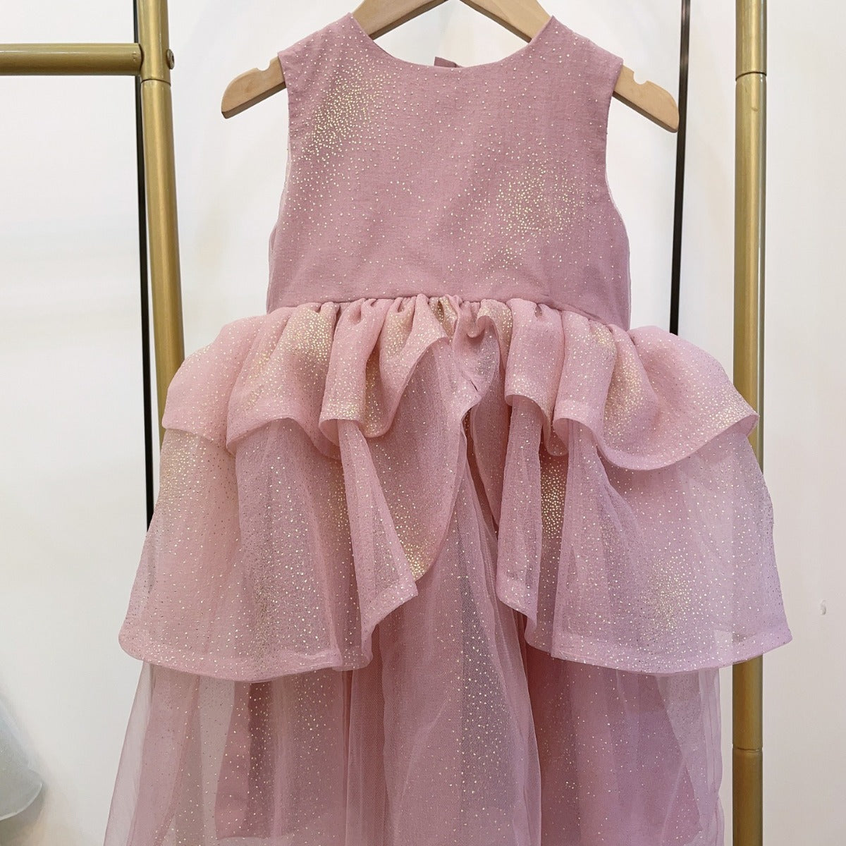 Girls Pink Mesh Princess Dress Sleeveless Puffy Dress Sequin Birthday  Dress