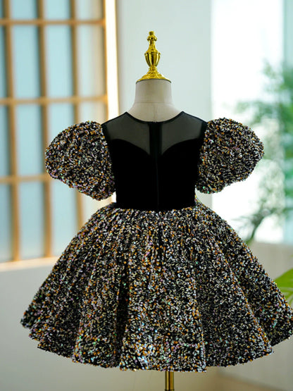 Elegant Baby Girls Black Sequins Pageant Birthday Party Princess Dress