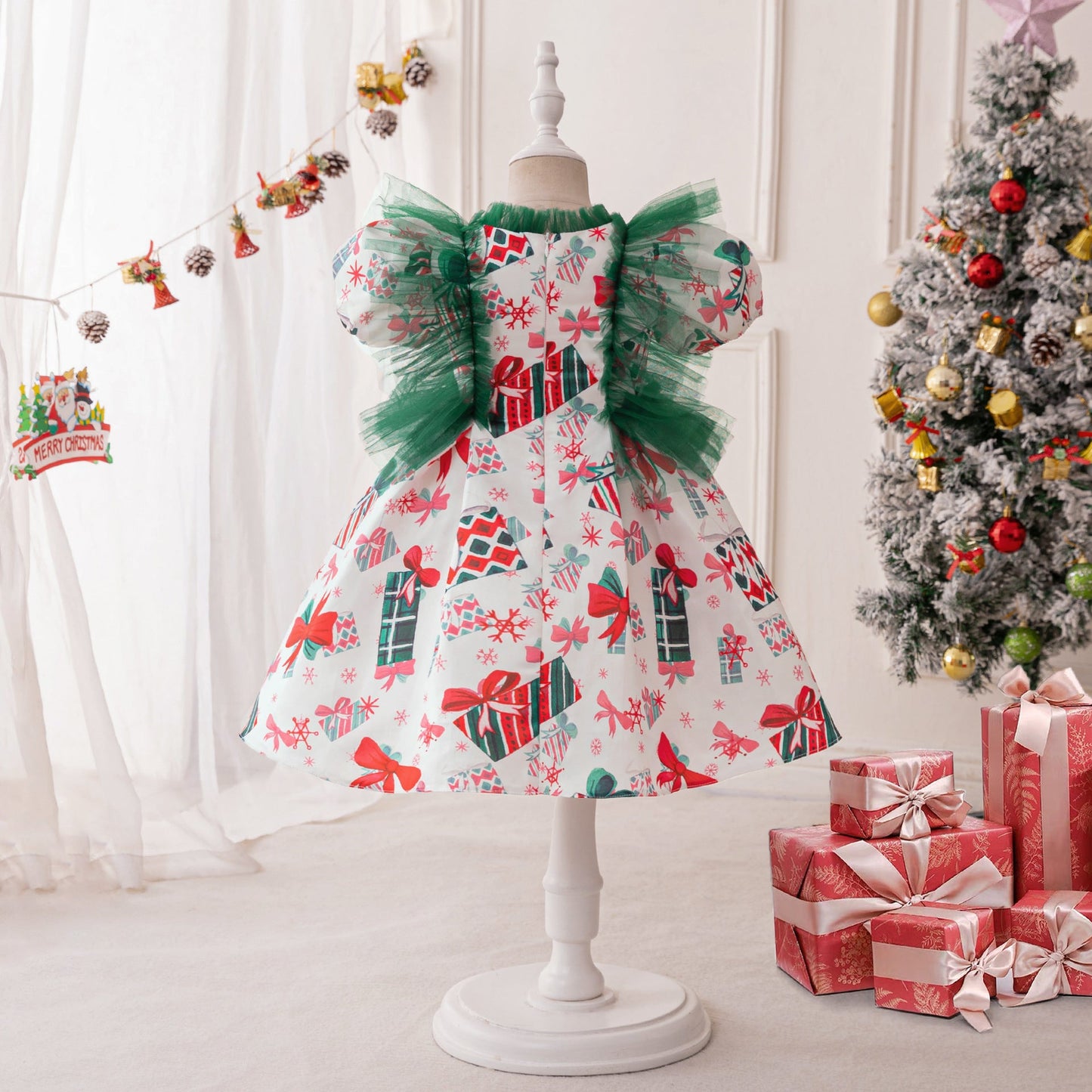 Retro Printing  Christmas Dress Baby Girl Christmas Dress Sequined Christmas Dress