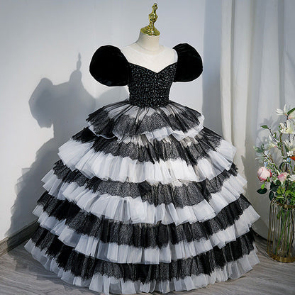 Flower Girl Dress Children Princess Dress Summer Black Sequin Cake Fluffy Communion Dress