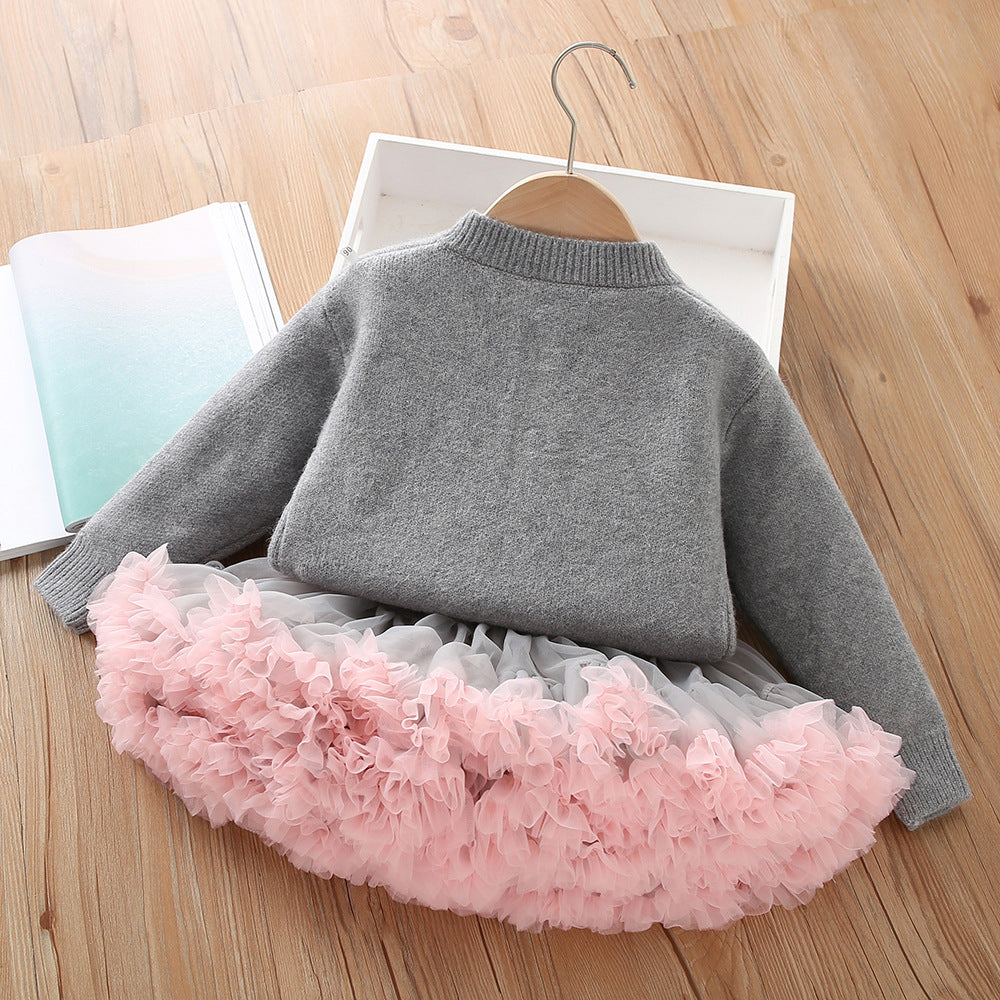 Lovely Girls Sweater Set Cardigan Tutu Skirt Two-piece Set