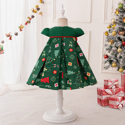 Printing Bow Christmas Dress Baby Girl Christmas Dress Cute Christmas Dress