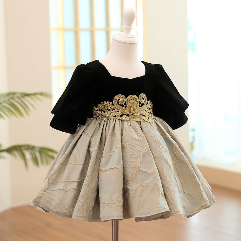 Elegant Baby Girls square round neck pattern belt puffy princess dress Toddler party dress