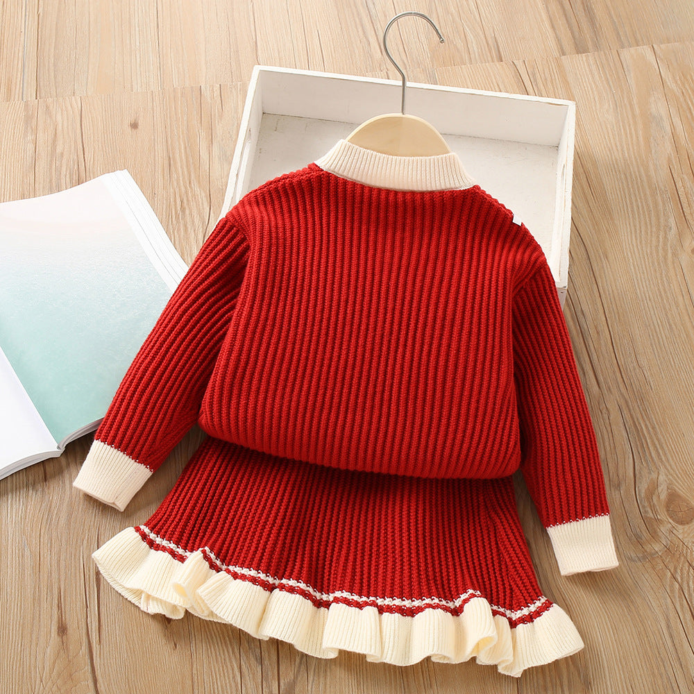 Girls Sweater Set Solid Color Knitted Two Piece Set