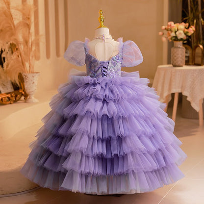 Flower Girl Dress Children Formal Pageant Purple Flower Fluffy Cute Princess Dress