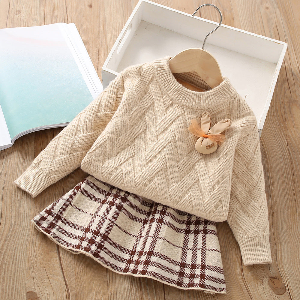 Solid Color Pullover Knitted Skirt Girls Sweater Two-piece Set