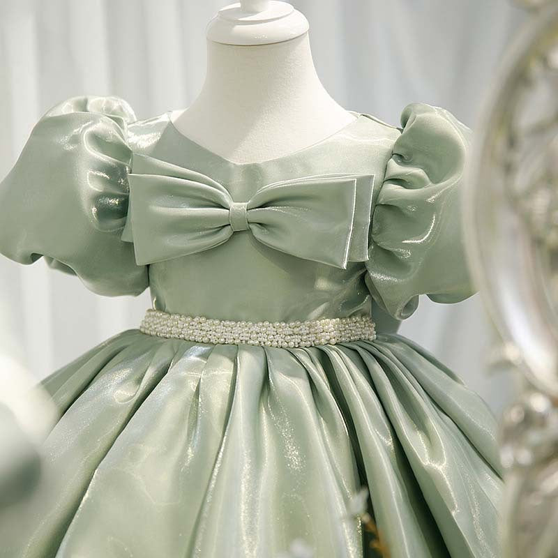 Sweet Baby Girl Mint Green Bow Puff Sleeve Princess Dress Toddler Evening Gown