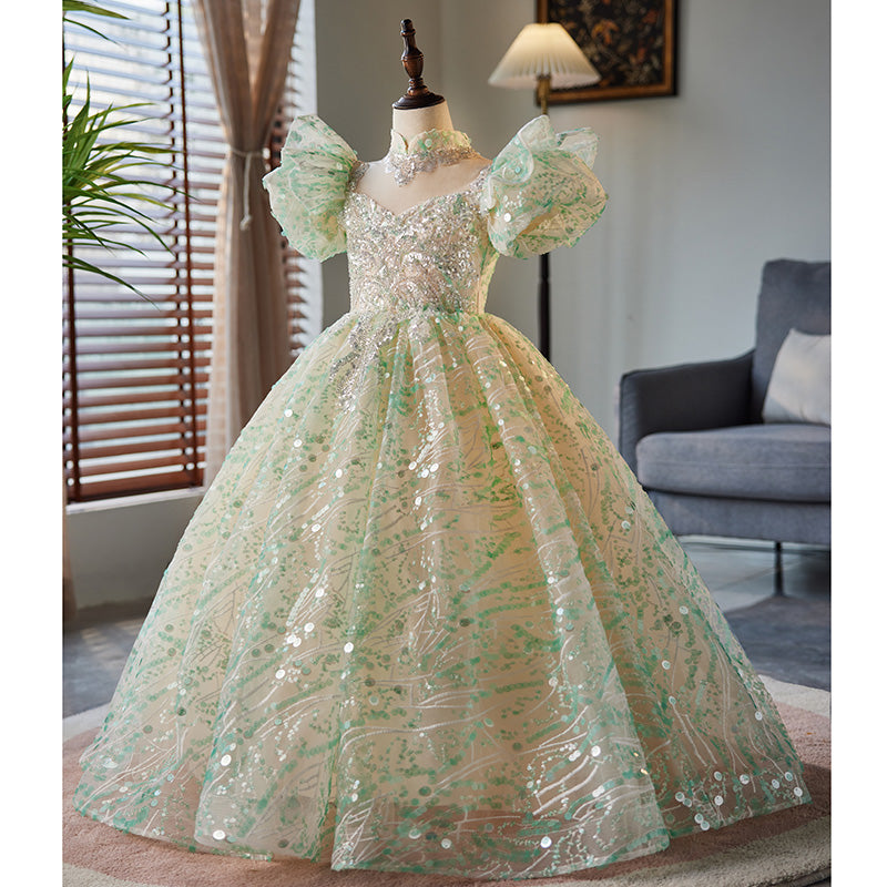 Girl Birthday Party Dress Green Sequins Stand Collar Princess Dress