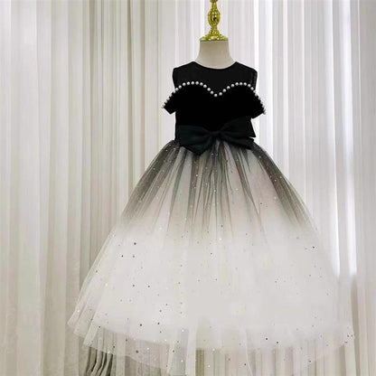 Elegant Baby Girls Black and White Gradient Pearl Princess Dress Toddler Prom Dress