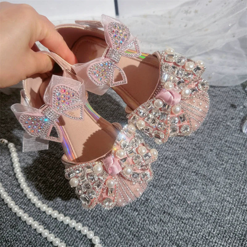 Girls Summer Shiny Sandals Bow-knot Rhinestone Princess Shoes