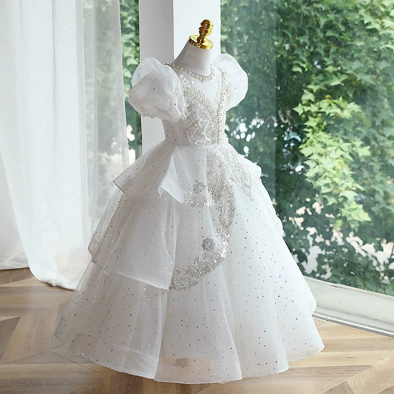 Elegant Baby Girls White Sequined Mesh Princess Dress Toddler First Communion Dress