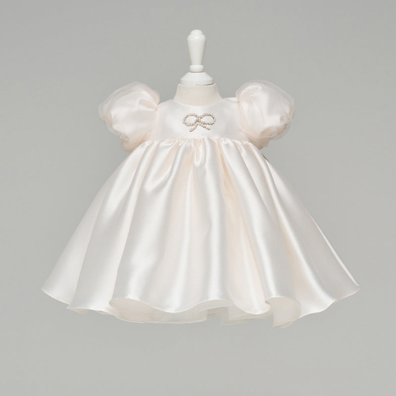 Elegant Baby Girls White Satin Puff Princess Dress Toddler Communion Dress