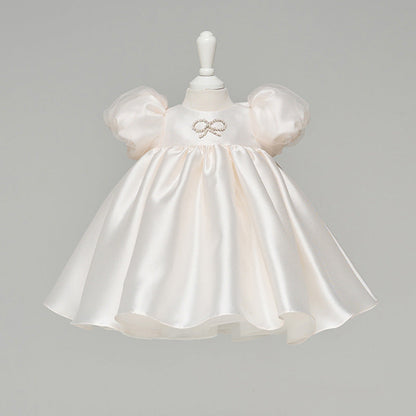 Elegant Baby Girls White Satin Puff Princess Dress Toddler Communion Dress