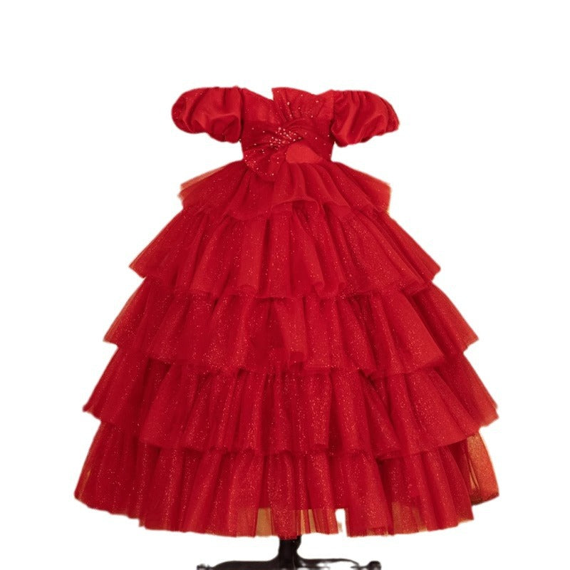 Elegant Baby Red One-shoulder Puffy Mesh Princess Dress Toddler Christening Dresses