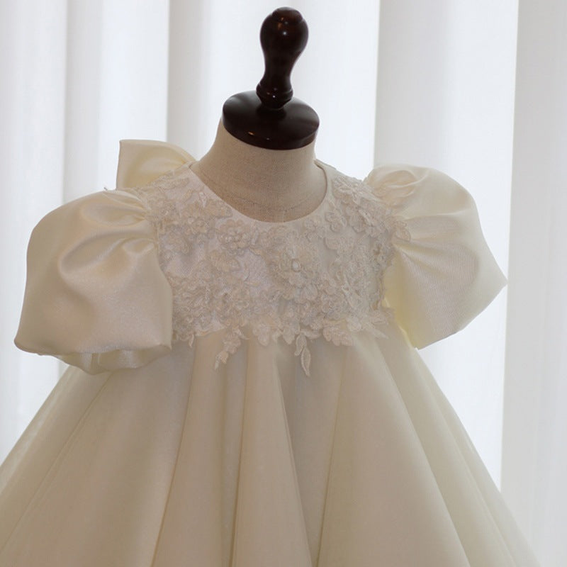 Elegant Baby Girls White Patterned Puff Sleeve Birthday Dress Toddler Prom Dress