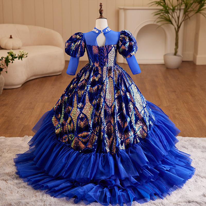 Toddler Girl Birthday Party Dress Blue Retro Sequin Tail Fluffy Princess Dress