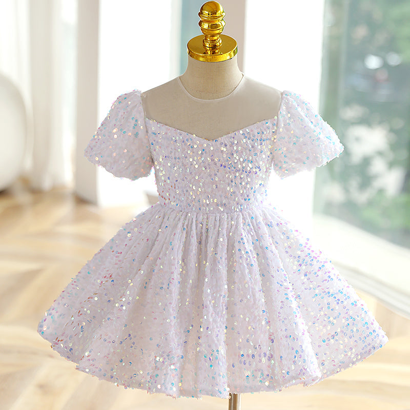 Flower Girl Dress Toddler Summer White Sequins Mesh Pageant Princess Party Dress