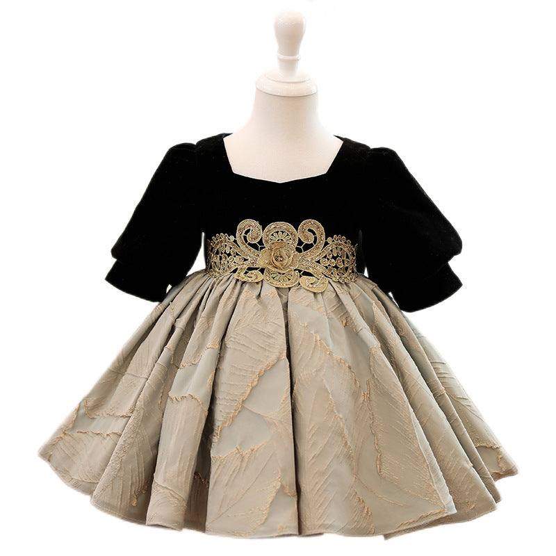 Elegant Baby Girls square round neck pattern belt puffy princess dress Toddler party dress