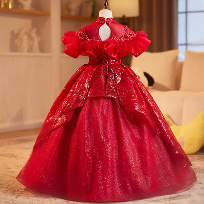 Red Girls Dress Children's Wedding Dress Puffy Princess Dress