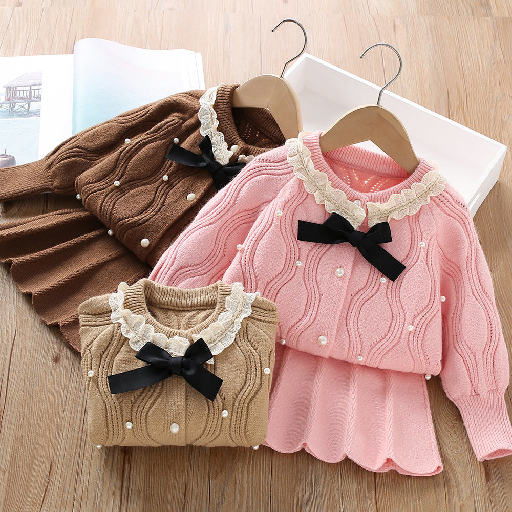 Solid Color Beaded Bow Knitted Cardigan Two-piece Set