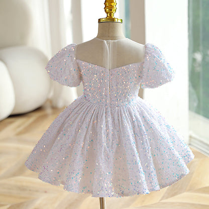 Flower Girl Dress Toddler Summer White Sequins Mesh Pageant Princess Party Dress