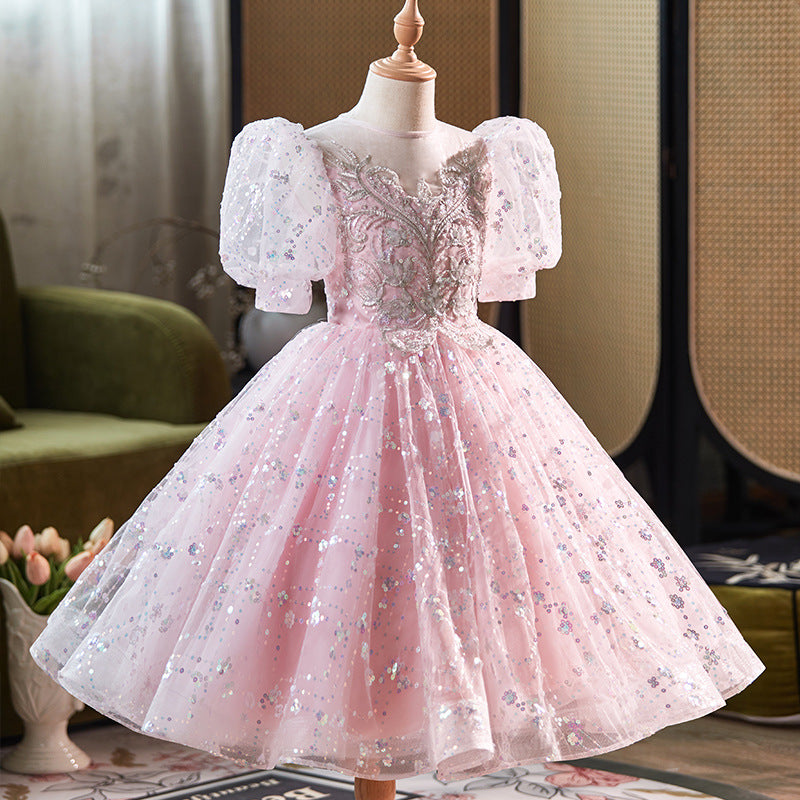 Sequined Mesh Fluffy Birthday Dress for Little Girls Princess Dress