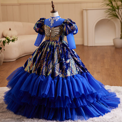 Toddler Girl Birthday Party Dress Blue Retro Sequin Tail Fluffy Princess Dress