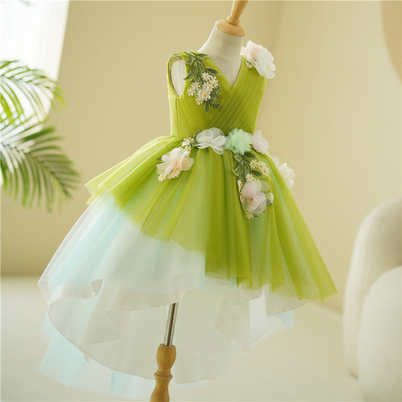 Summer Girls Flowers Green Sleeveless Mesh Princess Dress