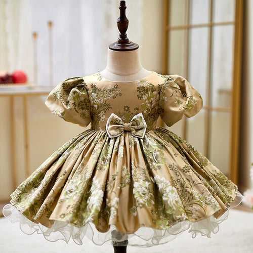 Toddler Prom Dress Girl First Communion Vintage Round Neck Print Princess Dress