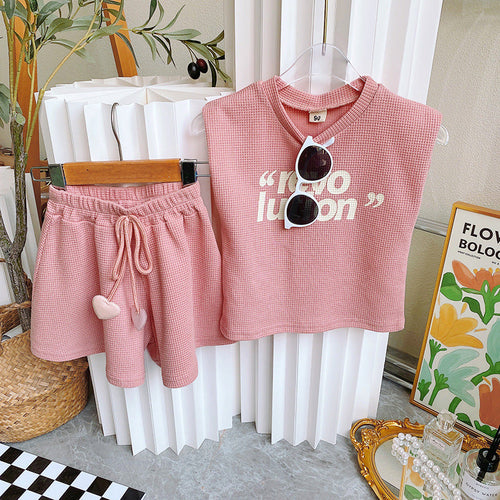 Pink Sleeveless Letter Top and Shorts Two-piece Set