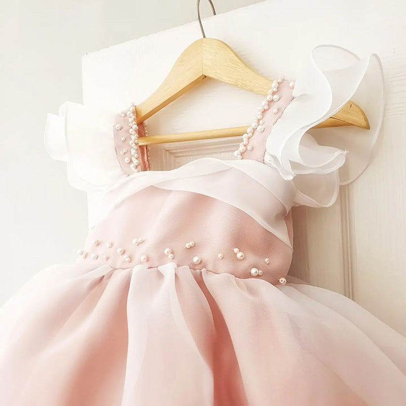 Elegant Baby Girls Butterfly Sleeve Pearl Pink Performance Dress Dress Toddler Flower Girl Puff Princess Dress