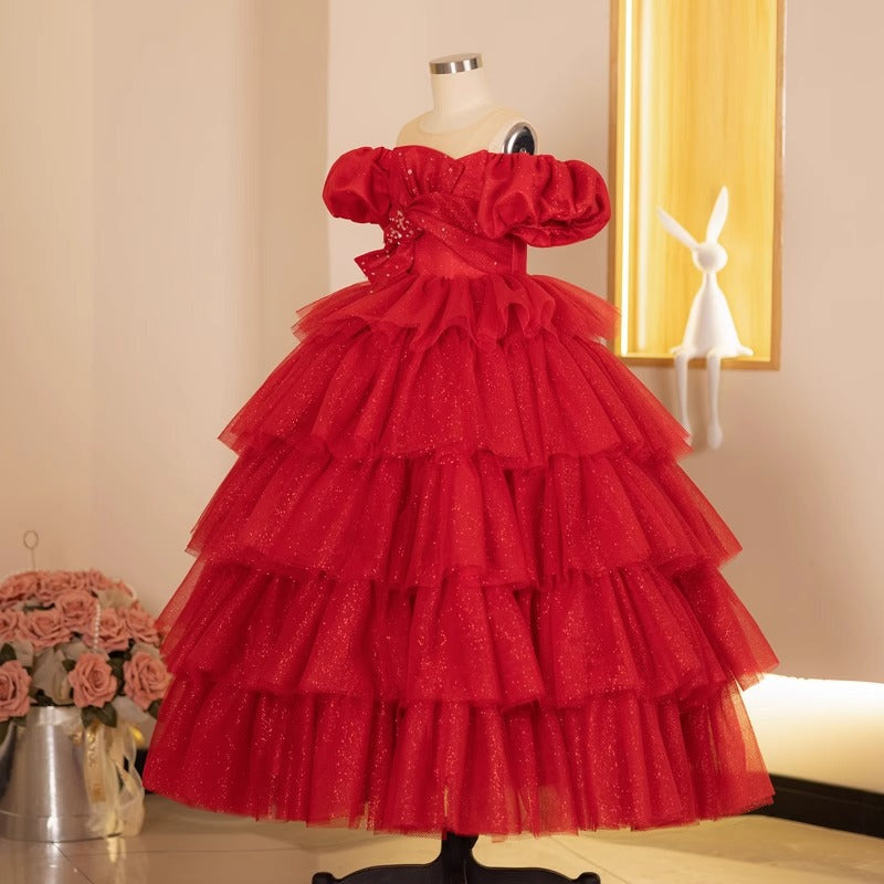 Elegant Baby Red One-shoulder Puffy Mesh Princess Dress Toddler Christening Dresses