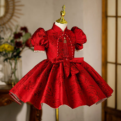 Girl Christmas Dress Little Girl Dress Toddler Retro Red Printed Stand Collar Formal Party Princess Dress