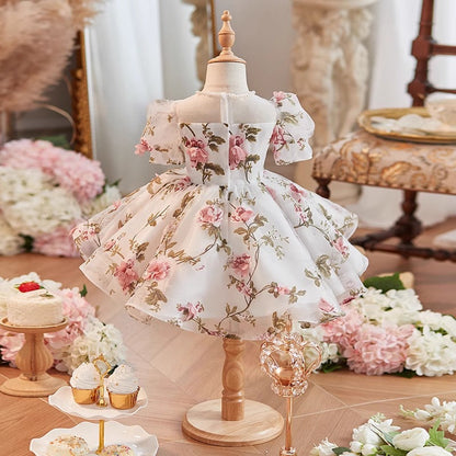 Elegant Baby Mesh Puff Sleeves Floral Birthday Party Dress Toddler First Communion Dress