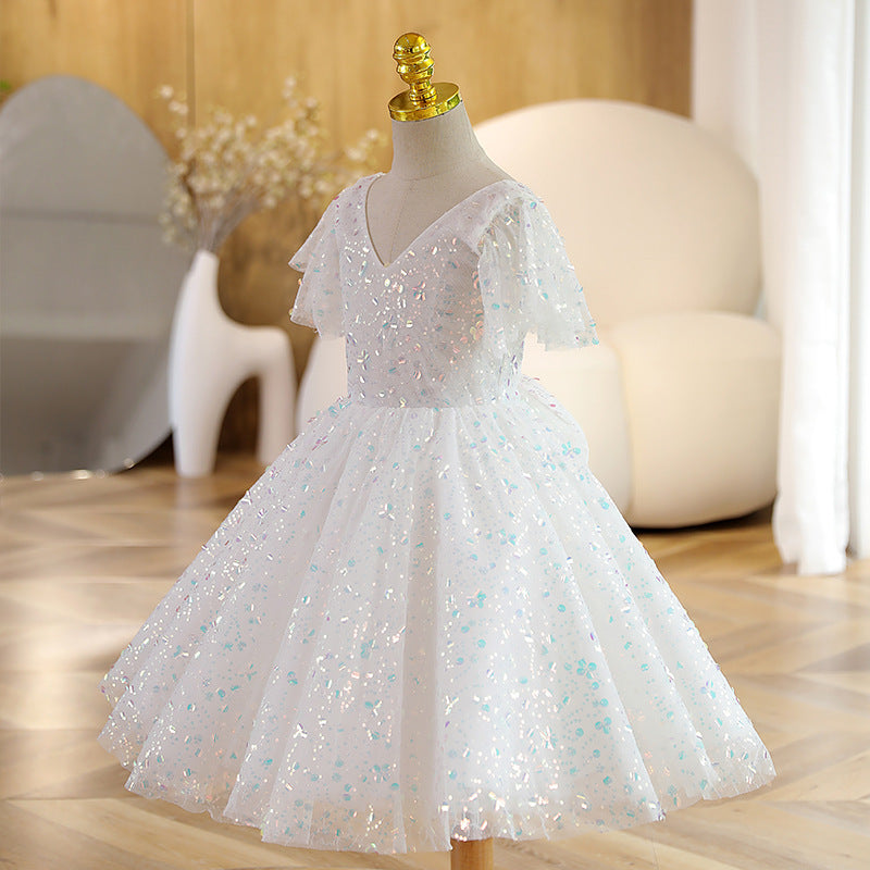 Elegant Baby Girls White Sequined Mesh Dress Toddler Flower Girl Dresses