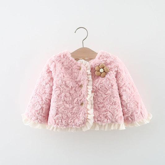 Floral Wool Jacket Girls Crew Neck Jacket