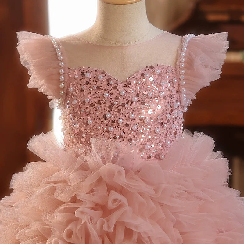 Luxurious Baby Girl Sequin Fluffy Dress Toddler Birthday Pageant Princess Dress