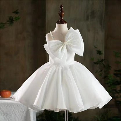 Elegant Baby Girls Pink Bow Pearl Strap Puffy Girls Christening Dress Toddler Beauty Pageant Dressess