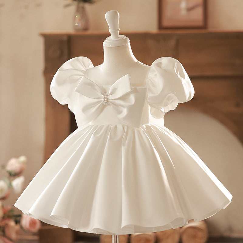 Sweet Baby Girls Pure White Bow Waist Princess Dress Toddler First Communion Dress