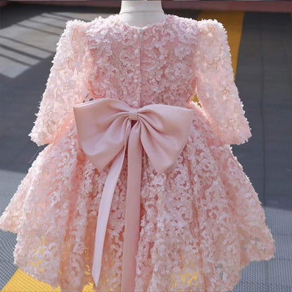 Elegant Baby Girls Pink Long Sleeve Floral Puff Princess Dress Toddler Formal Dresses