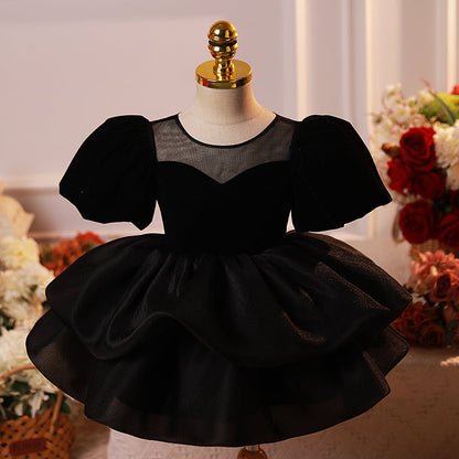 Little Girls Dress Toddler Pageant Black Formal Flower Puff Sleeves Princess Dress