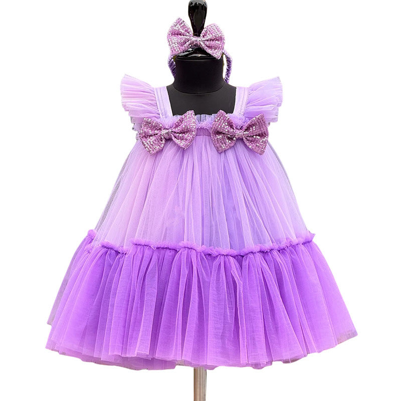 Elegant Baby Purple Flying Sleeves Tulle Dress Toddler Party Princess Dress