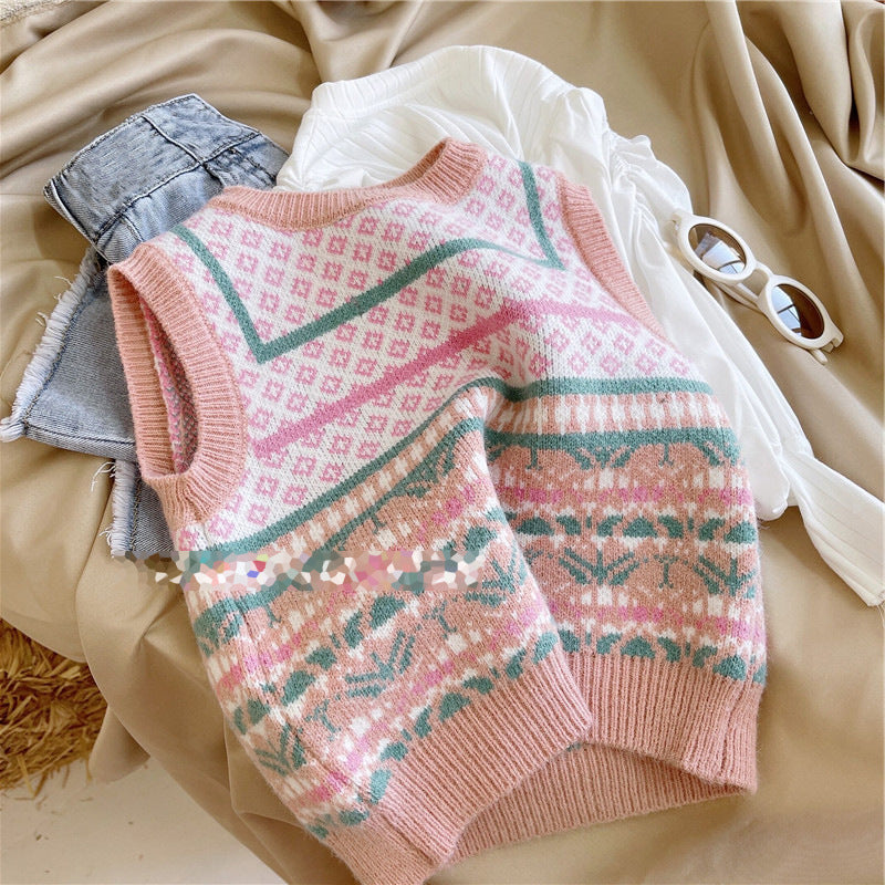 Sweet Girls Knitted Waistcoat Sweater Jeans Suit