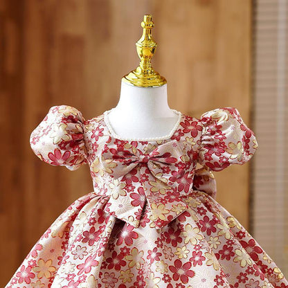 Elegant Baby Girls Red Floral Bow First Year Dress Girls Pageant Dresses