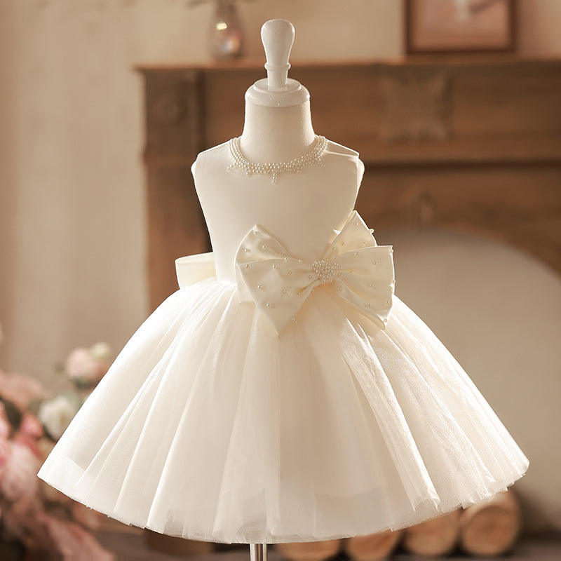 Flower Girl Dress Toddler Sleeveless Pageant Neckline Bow with Pearls Princess Dress