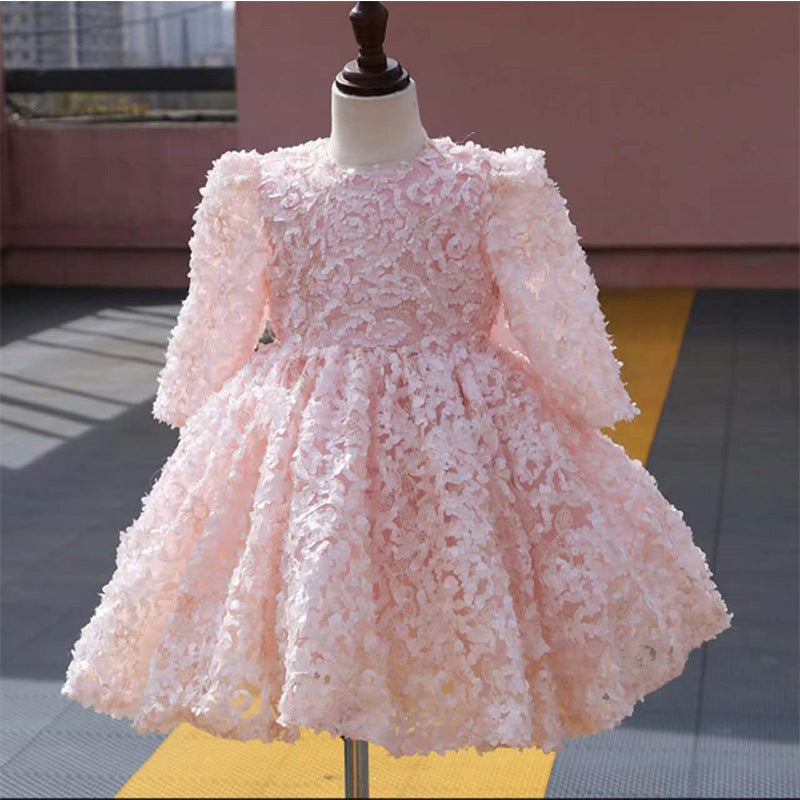 Elegant Baby Girls Pink Long Sleeve Floral Puff Princess Dress Toddler Formal Dresses